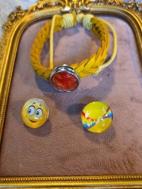 Yellow Braided Leather Snap Bracelet Set with 3 Charms